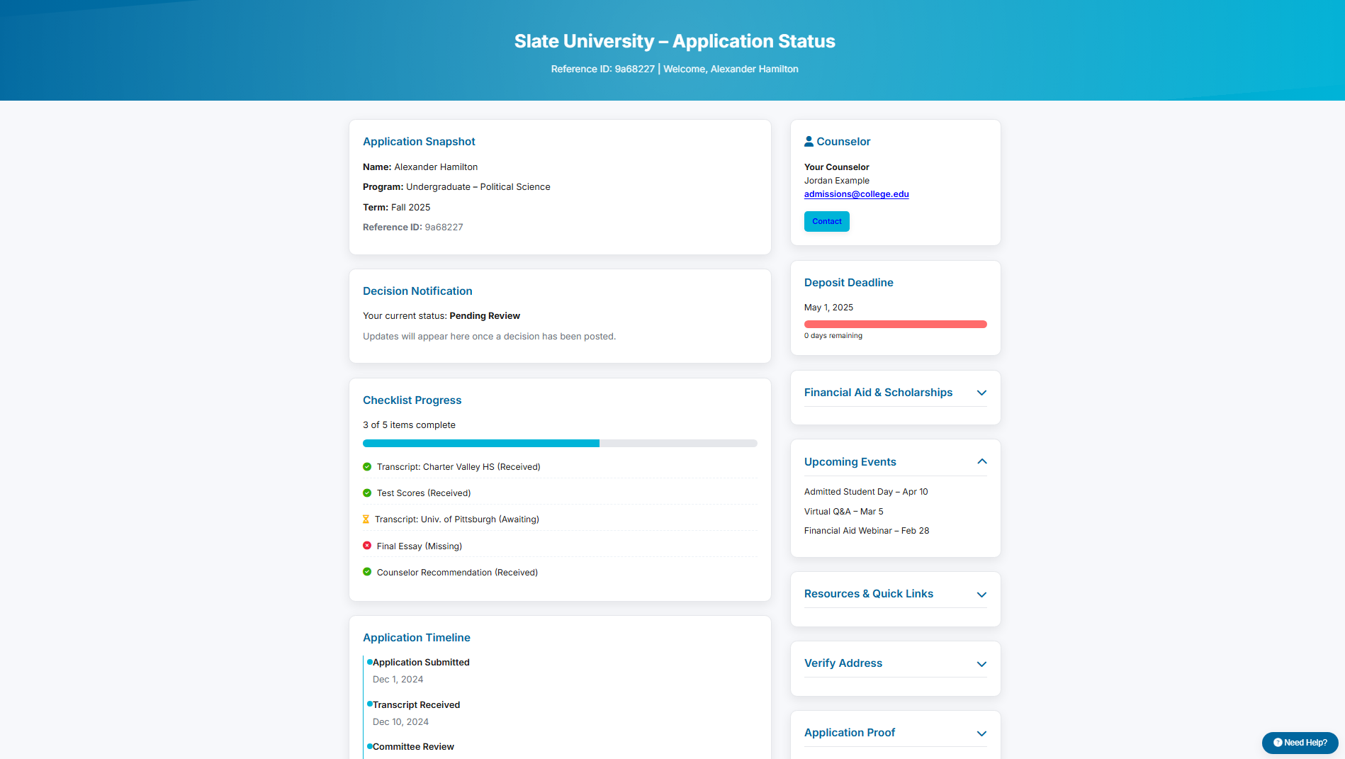 Slate Application Status Portal Example