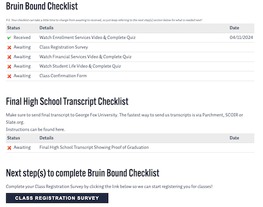 Students checklist is updated and they now have access to the next step